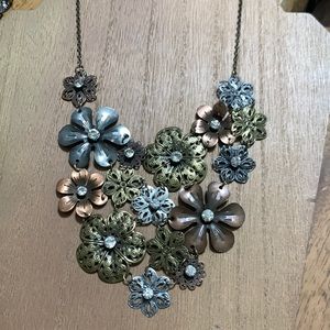 Multi metal floral necklace rhinestone centers
